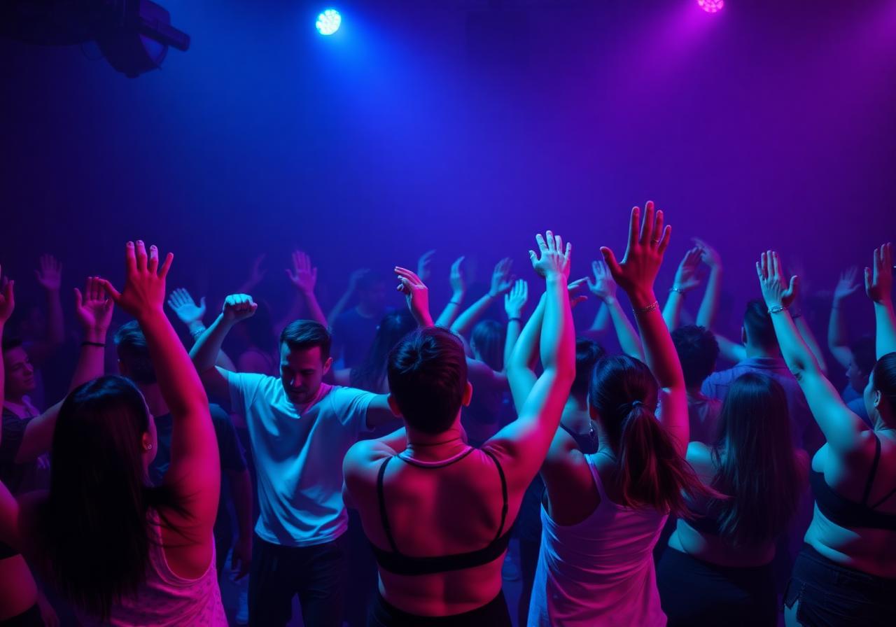 Crowd dancing under neon lights