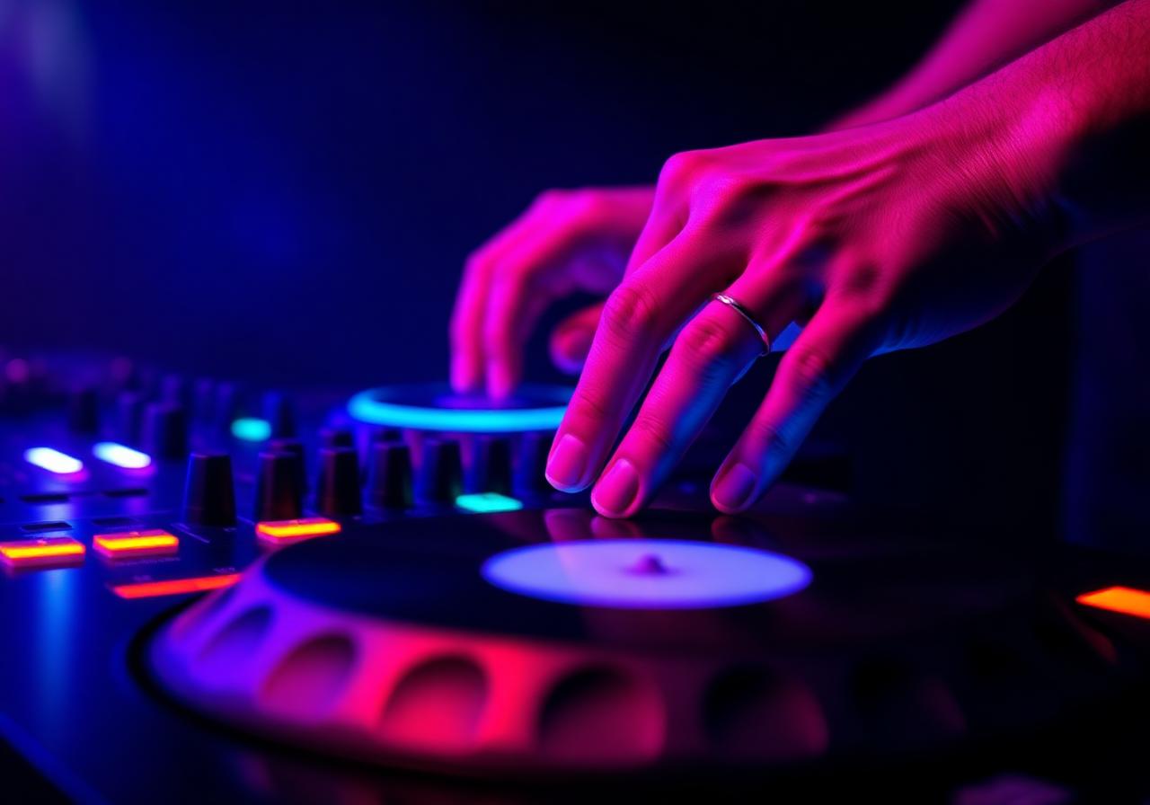 DJ hands on glowing turntables