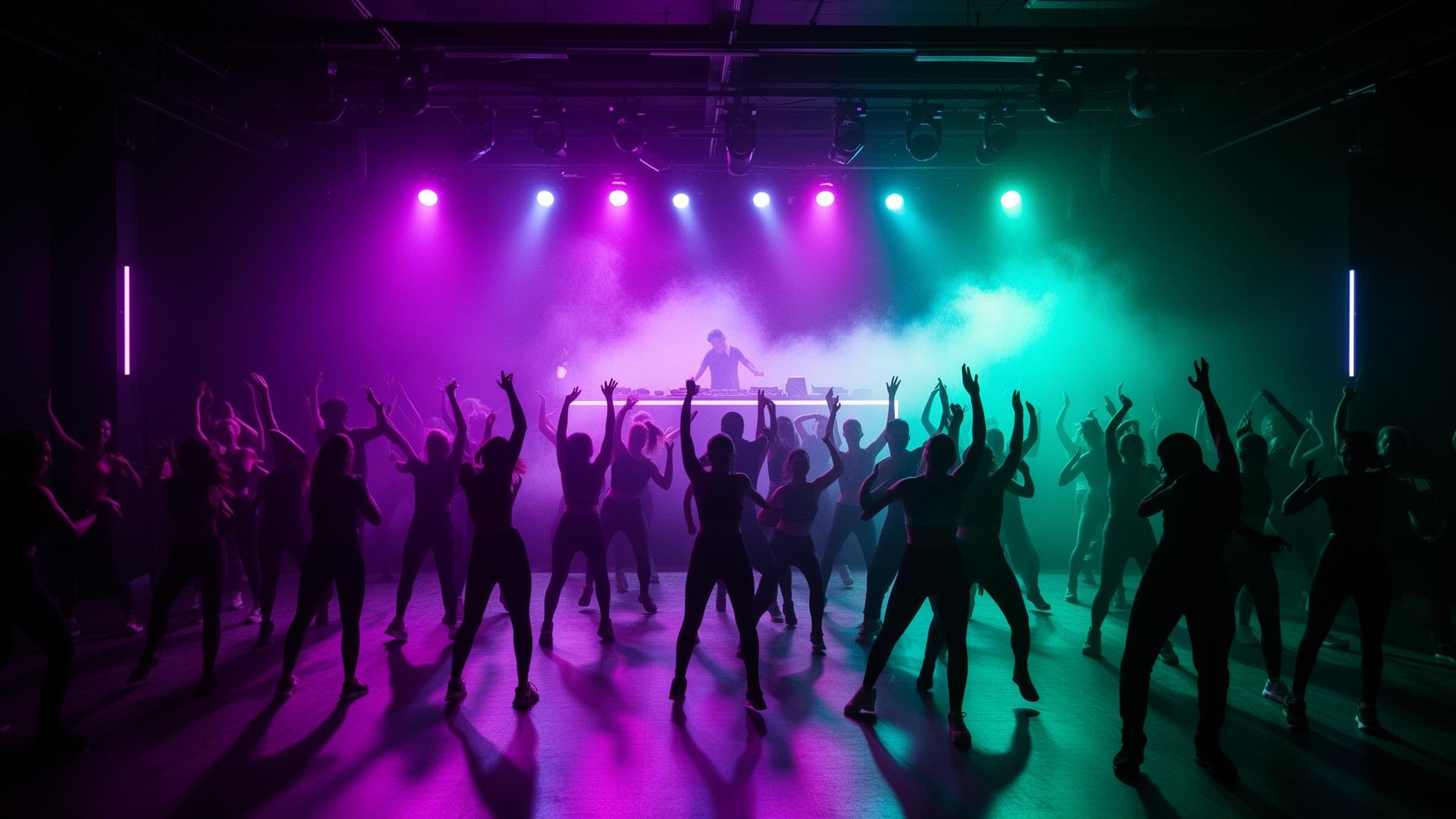 Hip-hop dance fitness crowd lit by neon purple and cyan stage lights